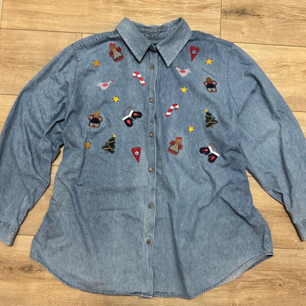Karen Scott II 2X Christmas Denim Shirt Embroidered Holiday Applique Cottagecore